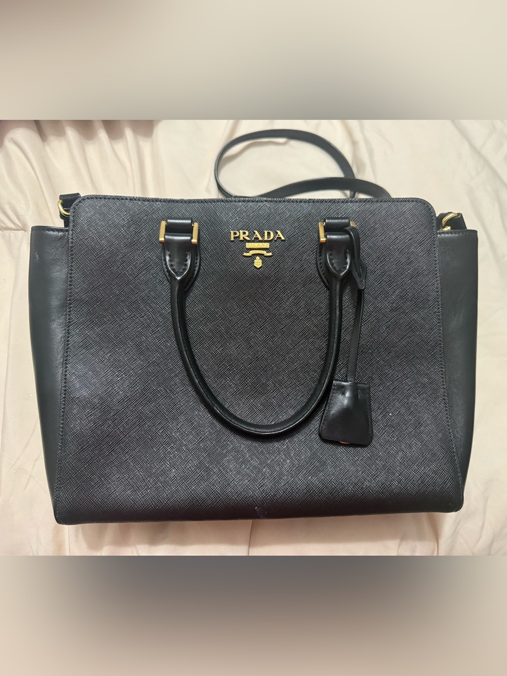 Prada Black Saffiano Leather Tote with Gold Hardware